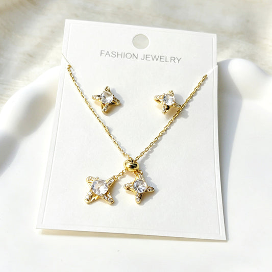 Gold Tone Starburst Lariat Necklace & Earring Set
