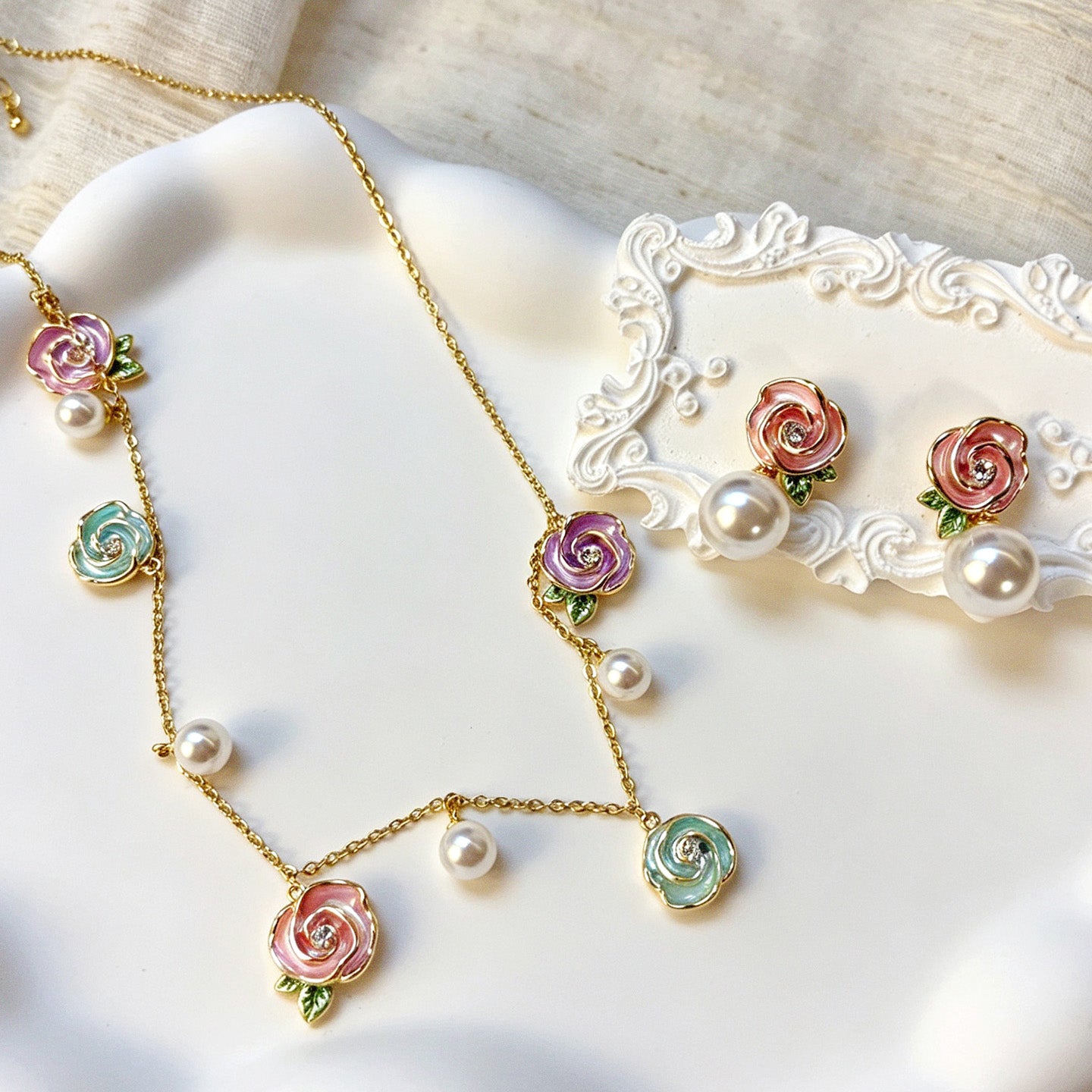 Color Enamel Rose Pearl Jewelry Set
