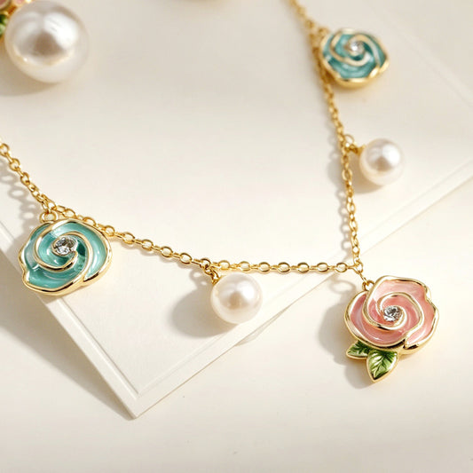 Color Enamel Rose Pearl Jewelry Set