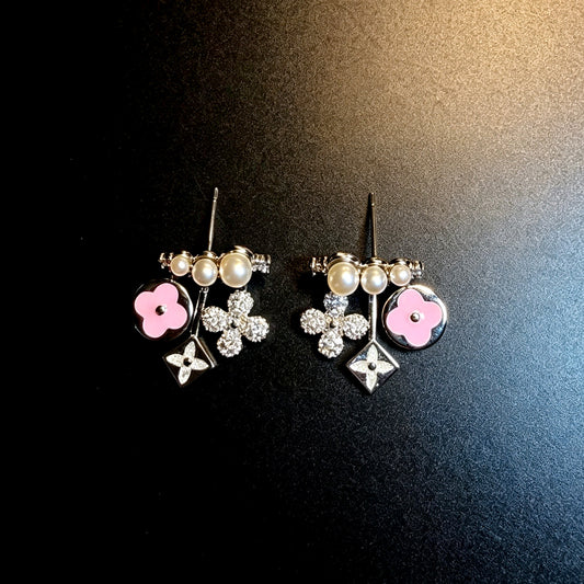 Silver Tone Monogram Floral Drop Earrings