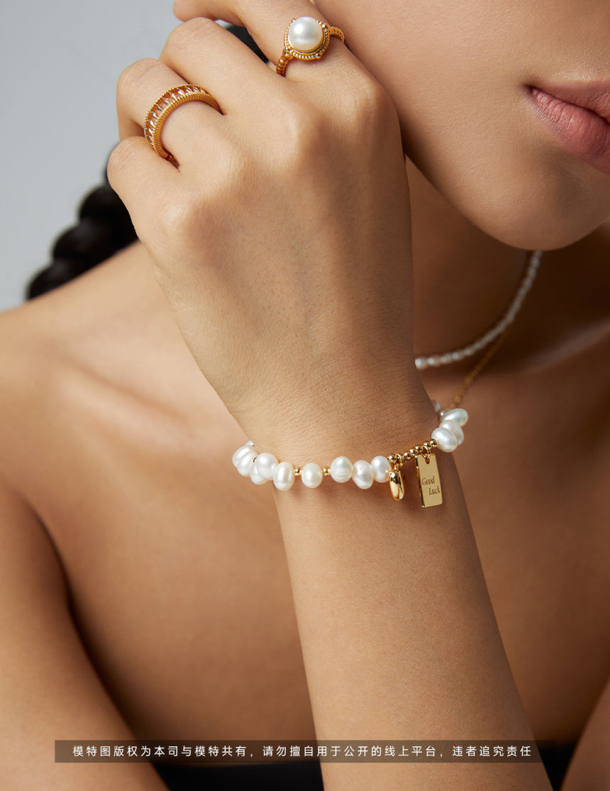 Vintage Gold Natural Pearl Bracelet with "Good Luck" & Heart Charm