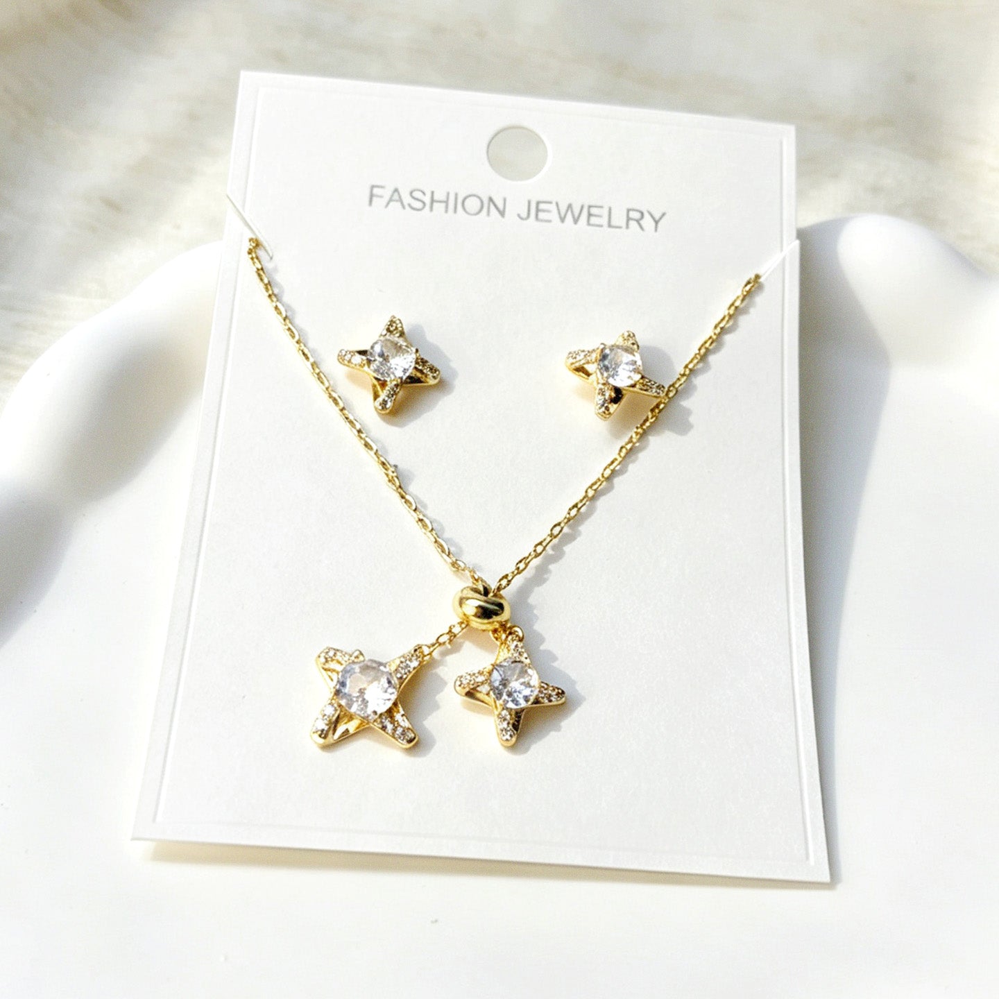 Gold Tone Starburst Lariat Necklace & Earring Set