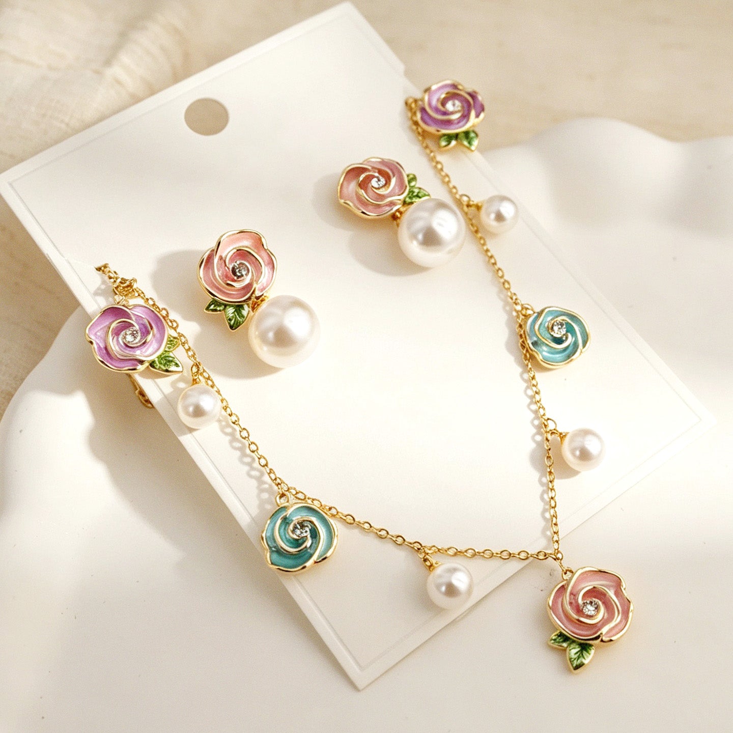 Color Enamel Rose Pearl Jewelry Set