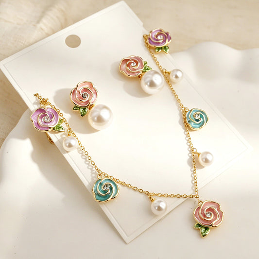 Color Enamel Rose Pearl Jewelry Set