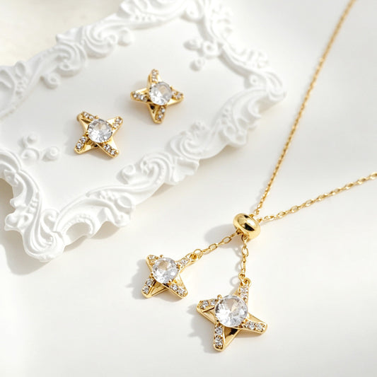 Gold Tone Starburst Lariat Necklace & Earring Set