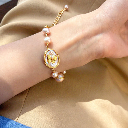 French Retro｜Baroque Pearl Butterfly Bracelet