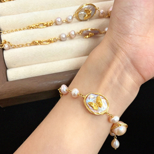 French Retro｜Baroque Pearl Butterfly Bracelet