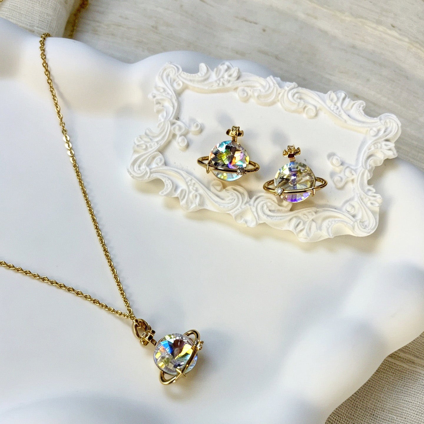 Colorful Iridescent Saturn Necklace & Earring Set