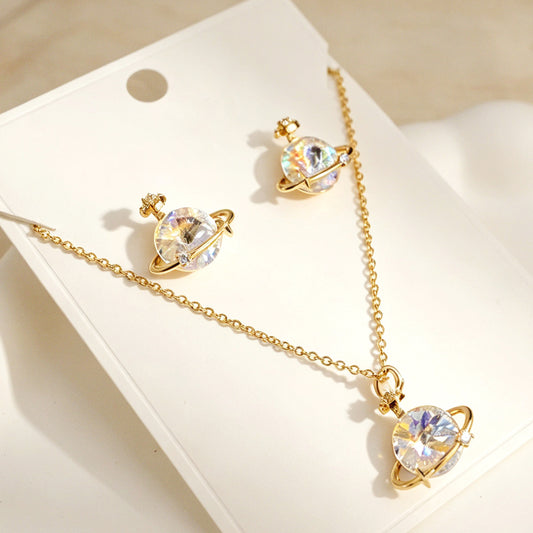 Colorful Iridescent Saturn Necklace & Earring Set