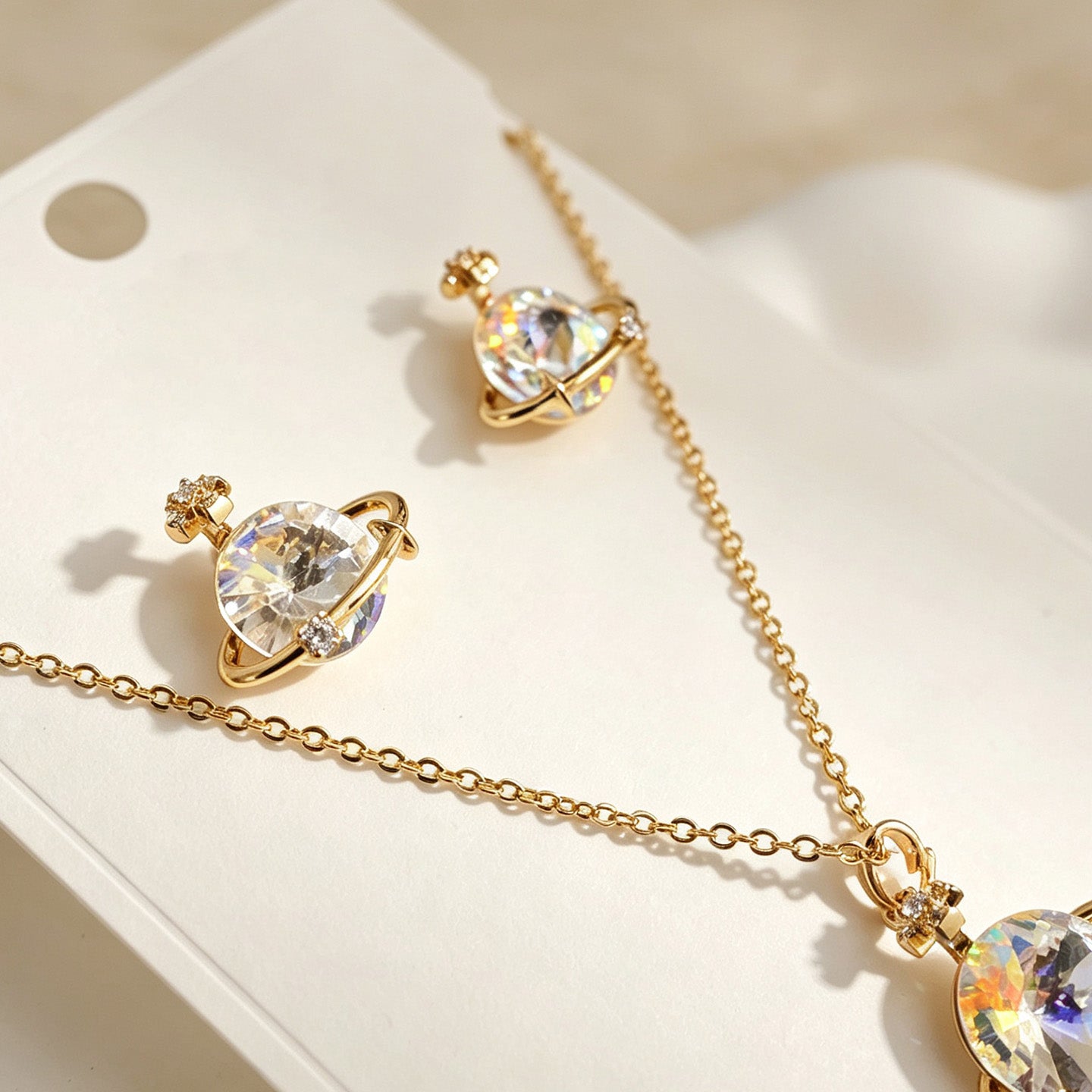 Colorful Iridescent Saturn Necklace & Earring Set