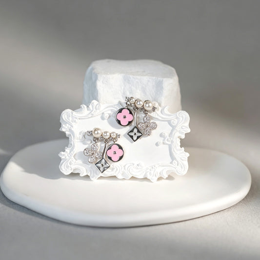 Silver Tone Monogram Floral Drop Earrings