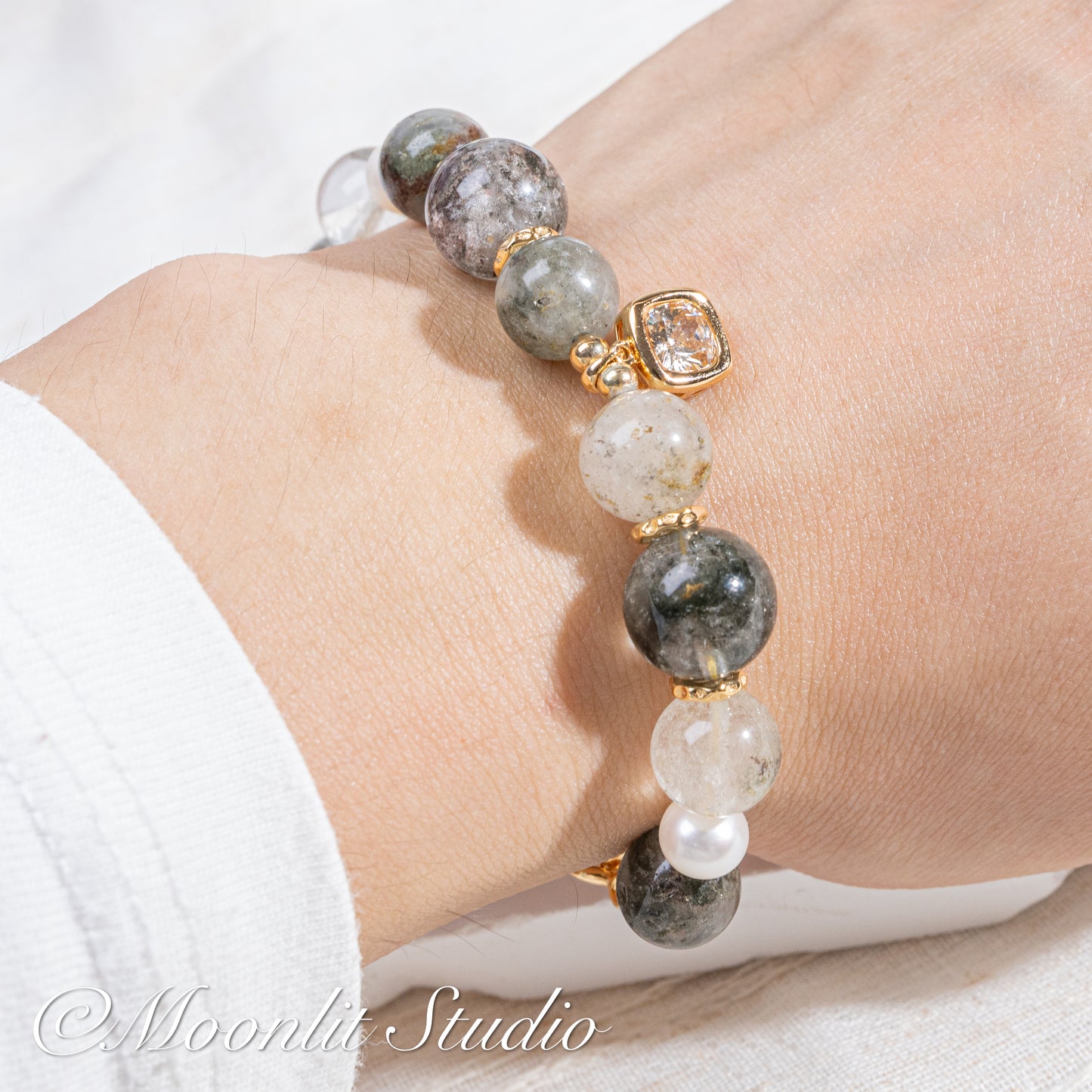 Natural Phantom Quartz & Pearl Bracelet