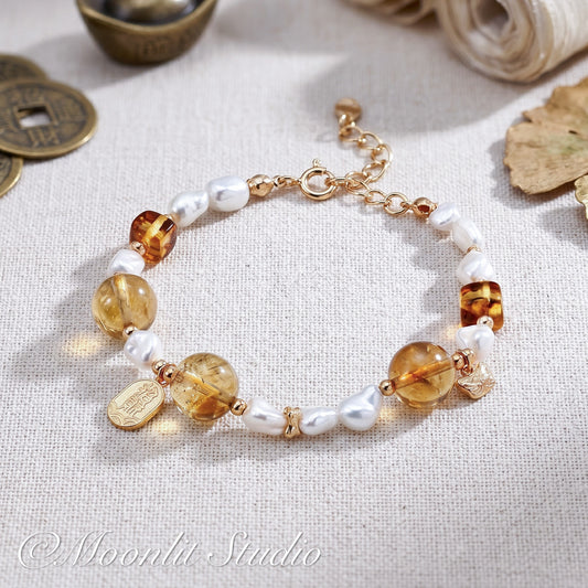 Wealth Attracting Yellow Phantom Quartz & Amber Bracelet