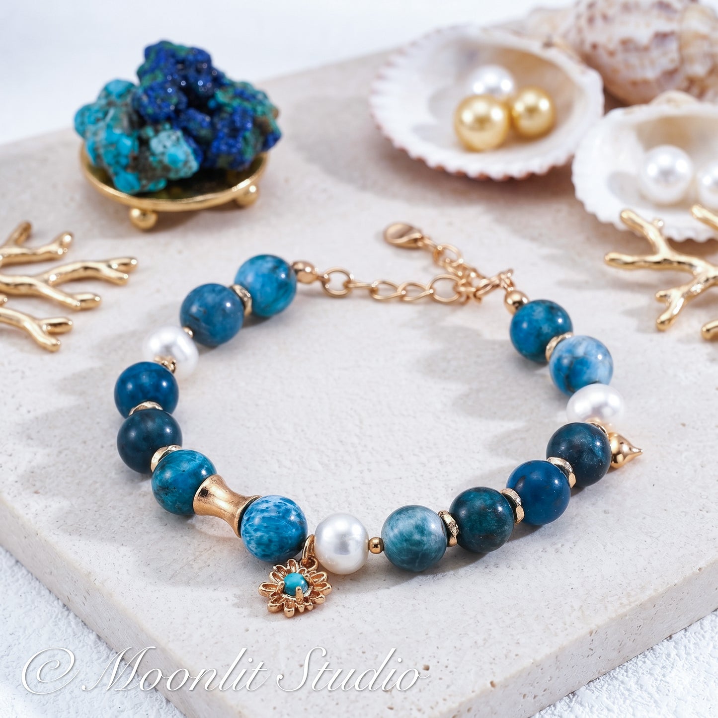 Natural Azurite & Pearl Beaded Bracelet