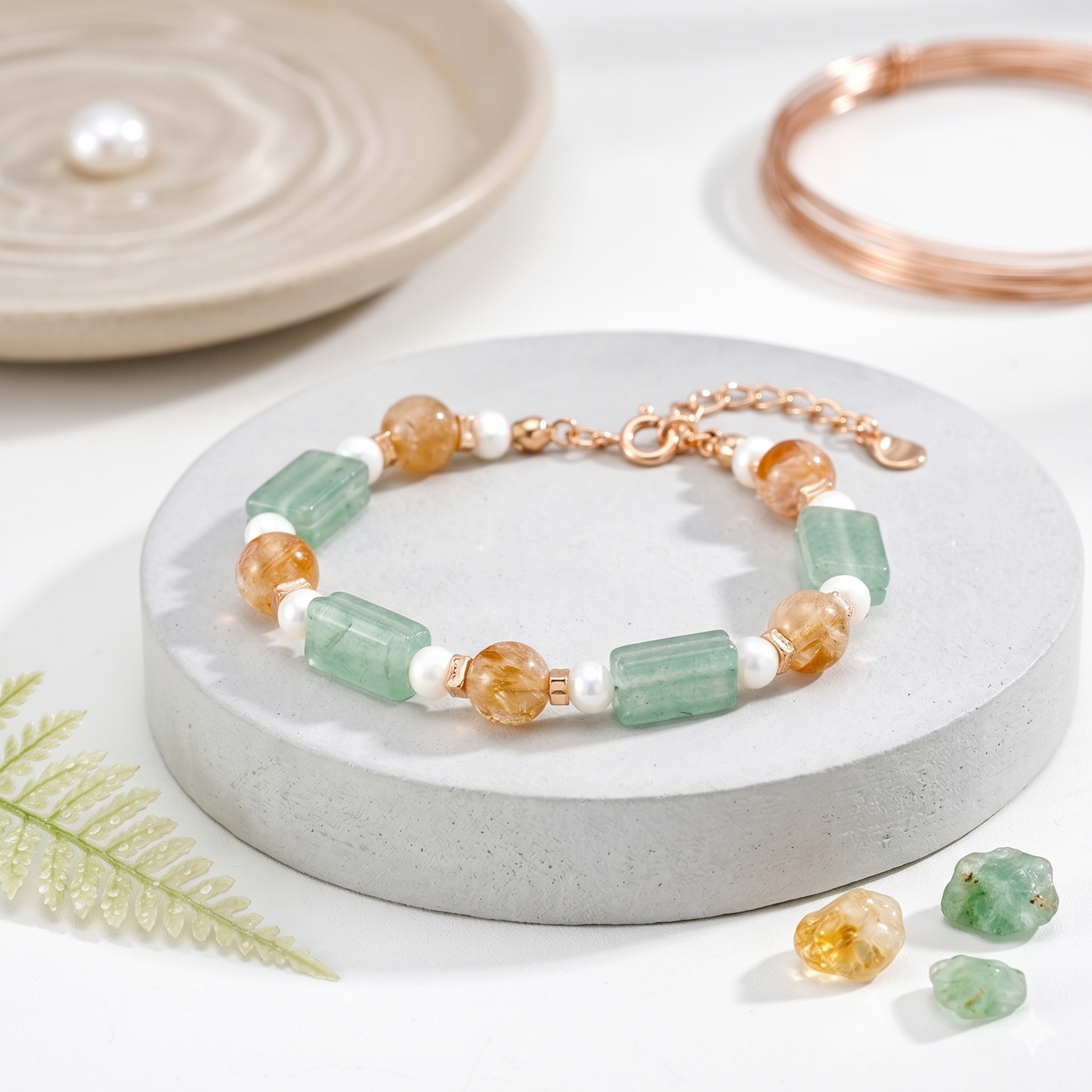 Natural Yellow Phantom Quartz & Pearl Bracelet