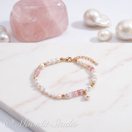 Dainty Natural Pearl & Watermelon Ruby Bracelet