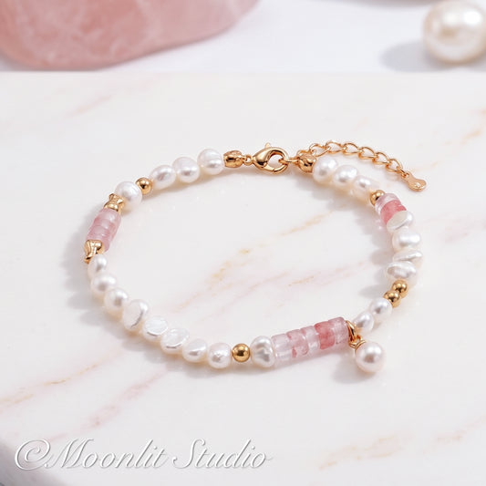 Dainty Natural Pearl & Watermelon Ruby Bracelet