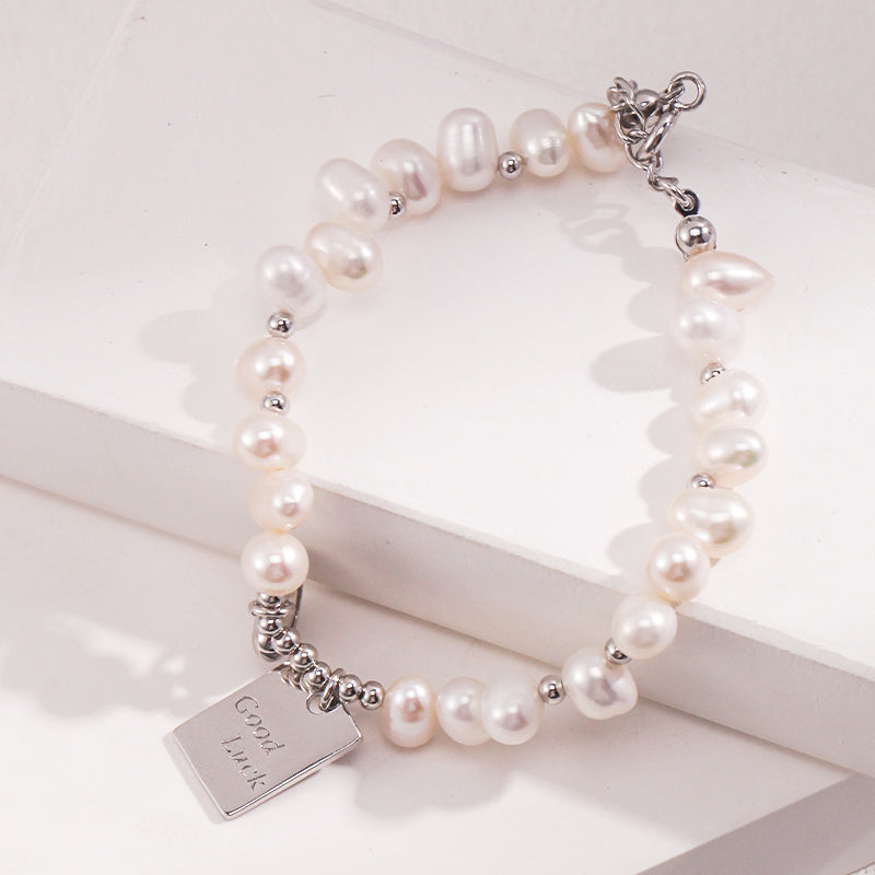 Vintage Gold Natural Pearl Bracelet with "Good Luck" & Heart Charm