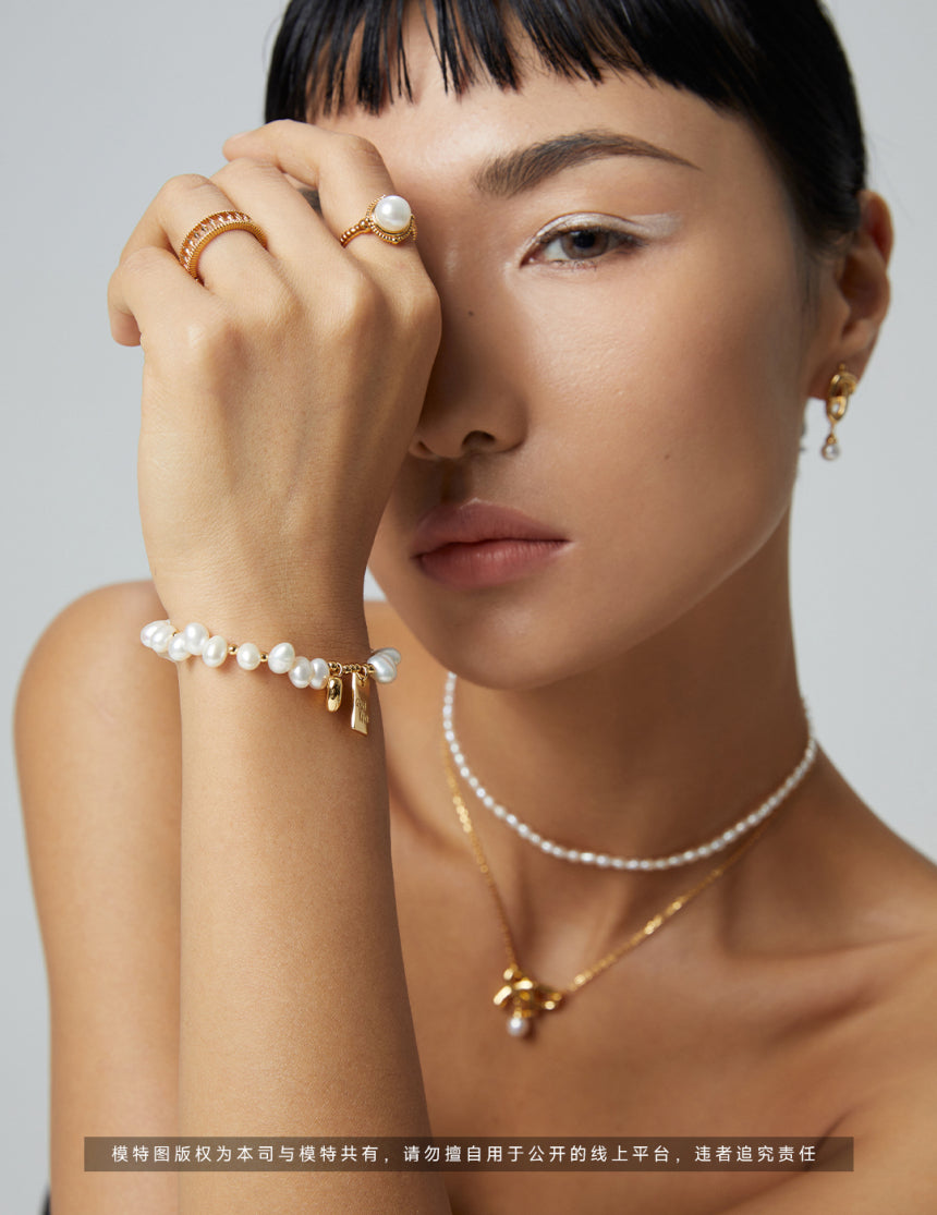 Vintage Gold Natural Pearl Bracelet with "Good Luck" & Heart Charm