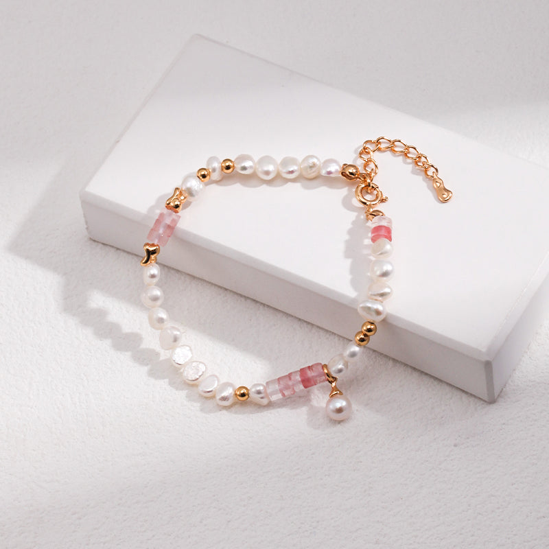 Dainty Natural Pearl & Watermelon Ruby Bracelet