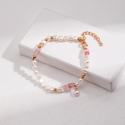 Dainty Natural Pearl & Watermelon Ruby Bracelet