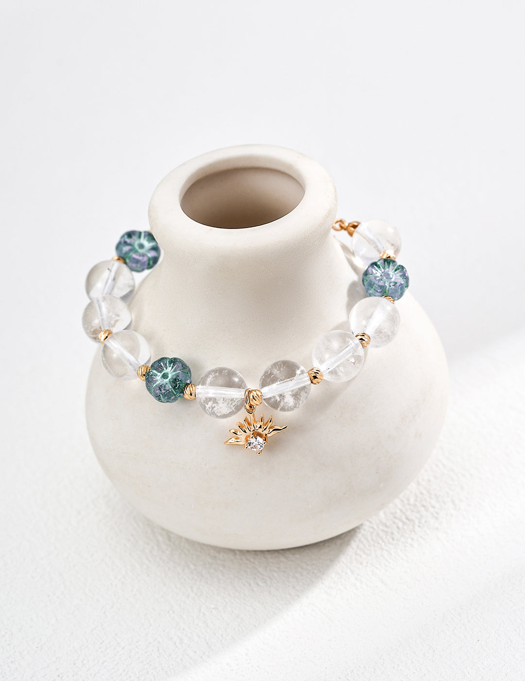 Clear Quartz & Floral Lampwork Glass Bracelet
