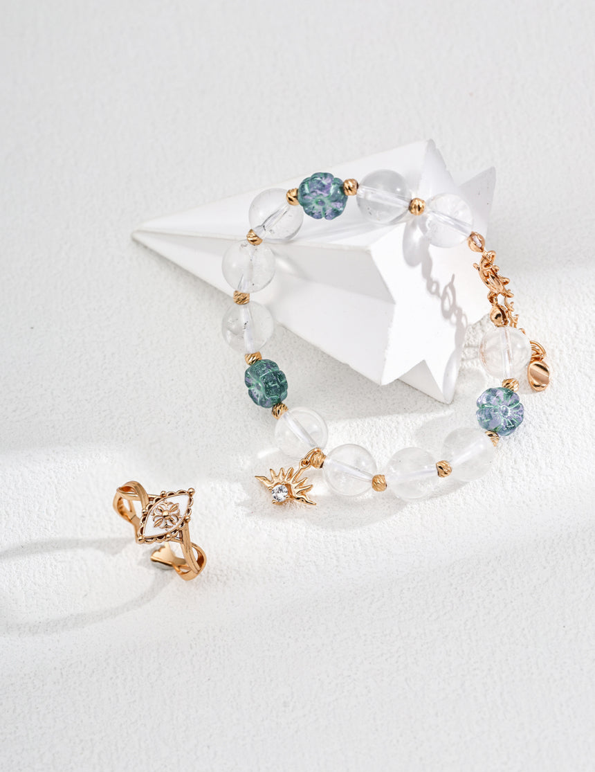 Clear Quartz & Floral Lampwork Glass Bracelet