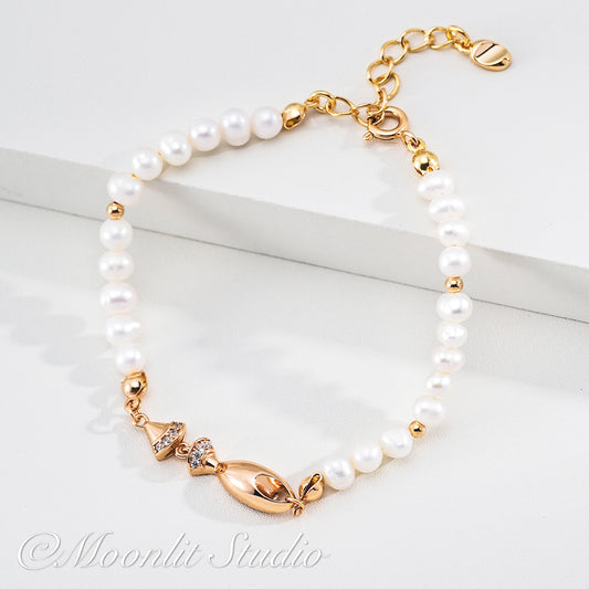 Geometric Zirconia & Natural Pearl Bracelet