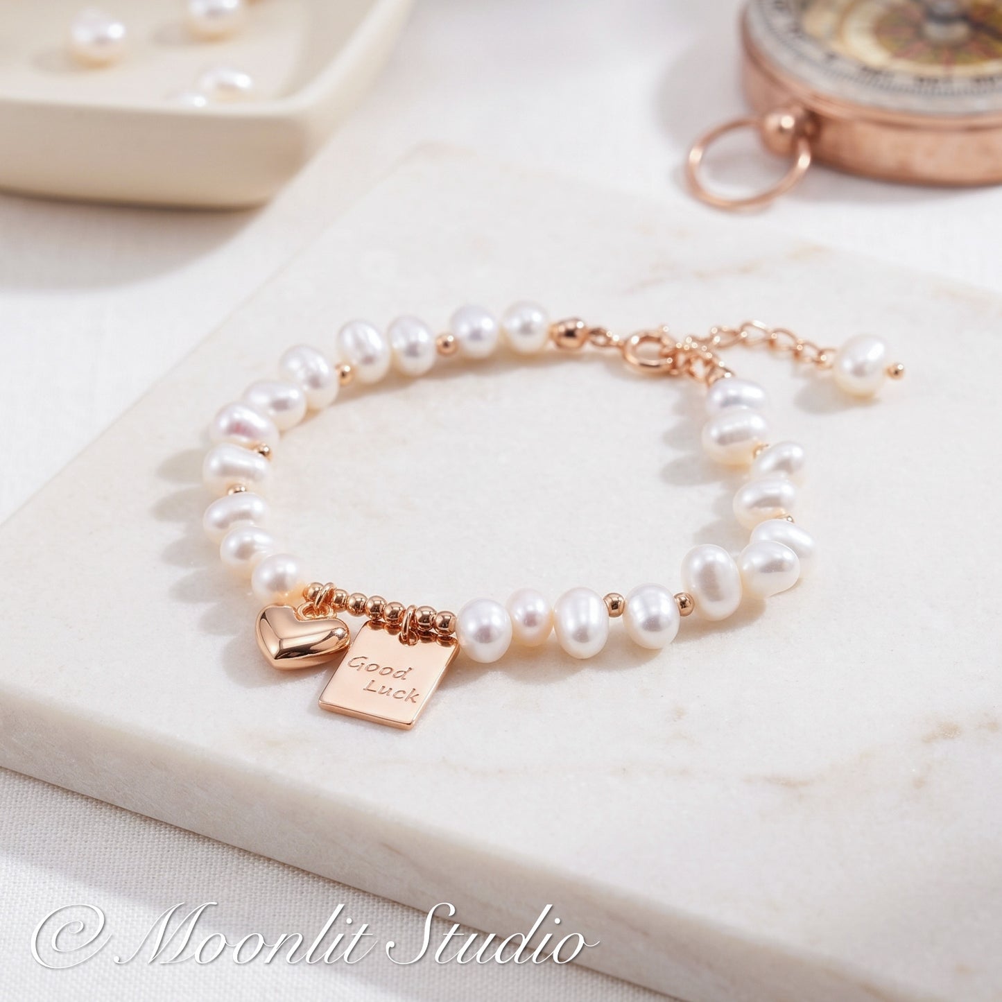 Vintage Gold Natural Pearl Bracelet with "Good Luck" & Heart Charm